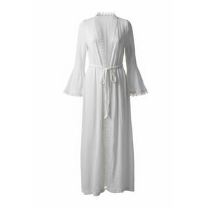 Sporlike White Lace Trim Maxi Swim Cover Up Robe Bell Sleeve Tie Waist Small
